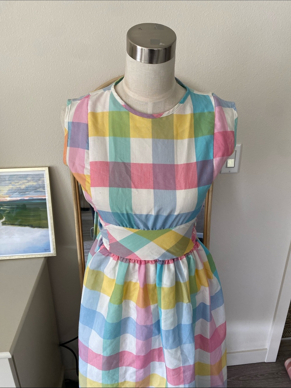Vintage 1960s Rainbow Plaid Fit and Flare Dress - Picture 2 of 15